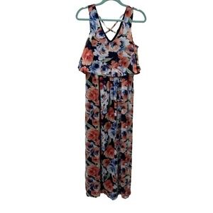 Lilly Rose Floral Print Maxi Dress Criss Cross Back Sleeveless Casual  M Chiffon